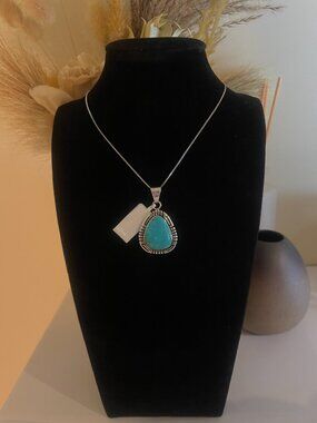 Designer Marked 925 Sterling Silver Turquoise Pear Pendant Boho Western Necklace